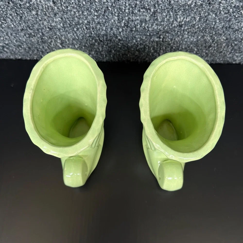 Vintage Green Ceramic Cornucopia Vase Set Mid Century Ribbed Scrolled Planter